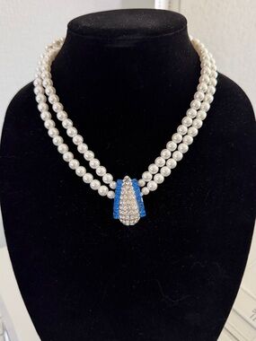Vintage Double Strand Faux Pearl & Sapphire Blue Rhinestone Necklace